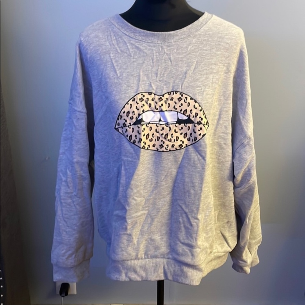 Forever 21 Gray Cheetah Lip Crewneck Sweatshirt